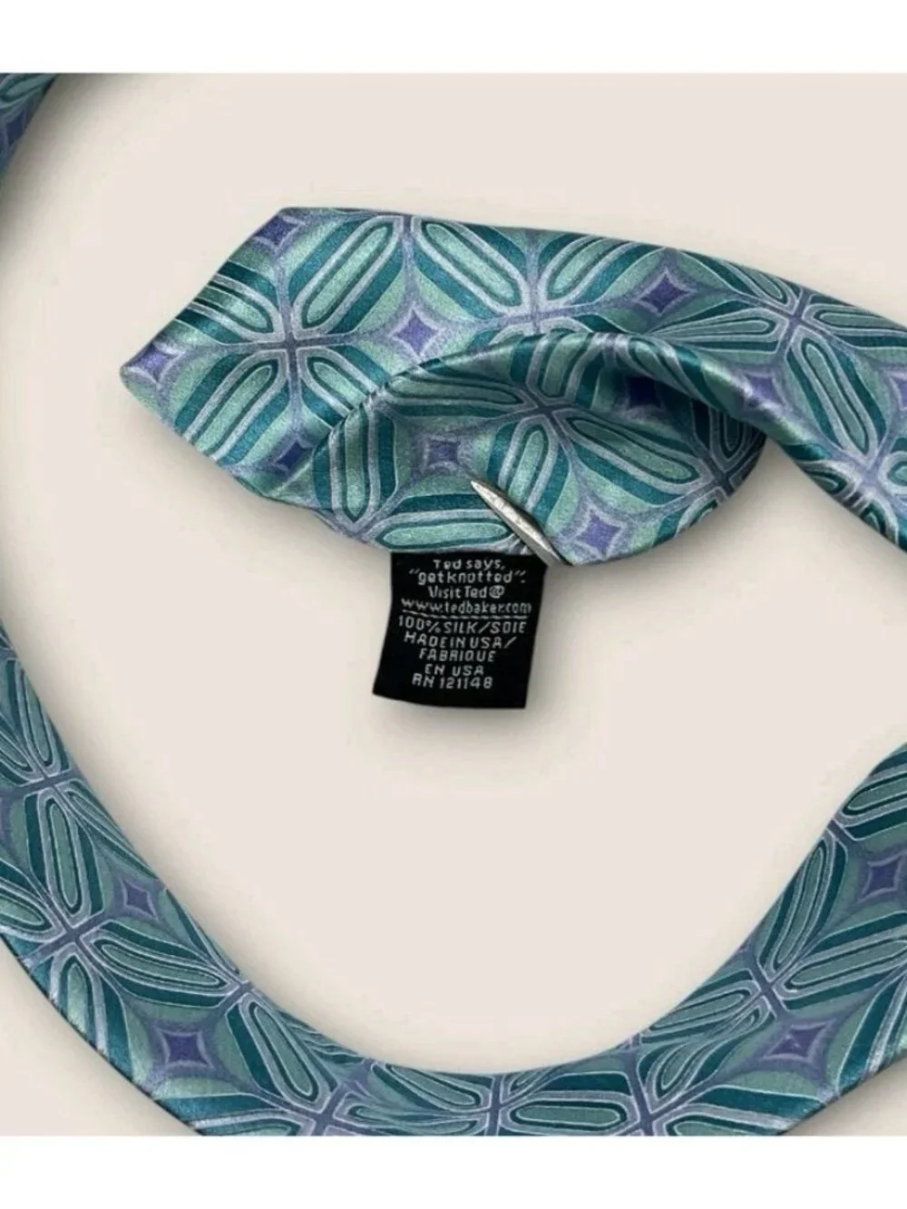 TED BAKER Silk Tie USA XL Green Purple Geometric W:3.5